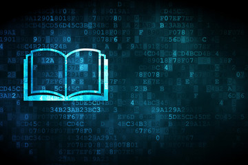 Learning concept: pixelated Book icon on digital background, empty copyspace for card, text, advertising - 182877273
