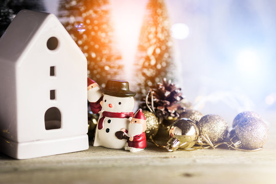 Xmas, Christmas and newyear concept with arrange of decorating items on wooden top with free copy space for your creativity ideas text selective focused at brown leather background