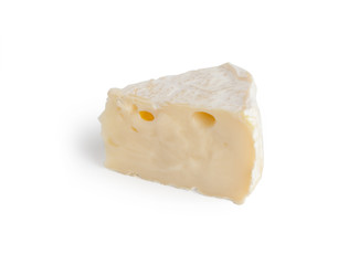 Brie type of cheese. Camembert cheese. Fresh Brie cheese and a slice. Italian, French cheese. Isolated on a white background.