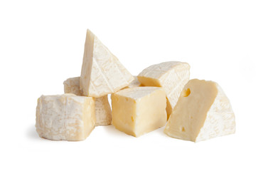 Brie cheesecakes, trisubbles, slices. Fresh cheese, Camemberttes. Isolated on white background.