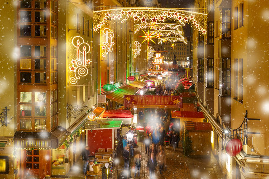 Decorated and illuminated Christmas street at night in Dresden, Saxony, Germany