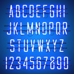 Glowing Blue Neon Casual Script Font with uppercase letters from A to Z and digits from 0 to 9 with wires, tubes, brackets and holders. Shining and glowing neon effect. Vector illustration.