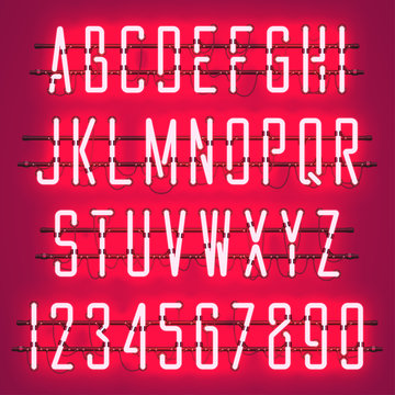 Glowing Red Neon Casual Script Font with uppercase letters from A to Z and digits from 0 to 9 with wires, tubes, brackets and holders. Shining and glowing neon effect. Vector illustration.
