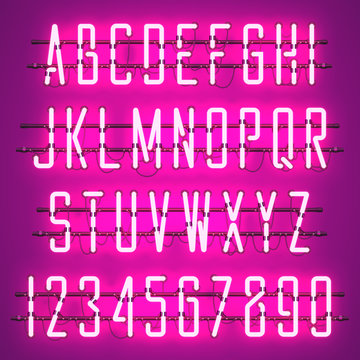 Glowing Purple Neon Casual Script Font with uppercase letters from A to Z and digits from 0 to 9 with wires, tubes, brackets and holders. Shining and glowing neon effect. Vector illustration.