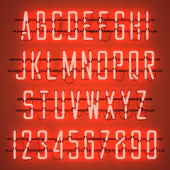 Glowing Orange Neon Casual Script Font with uppercase letters from A to Z and digits from 0 to 9 with wires, tubes, brackets and holders. Shining and glowing neon effect. Vector illustration.