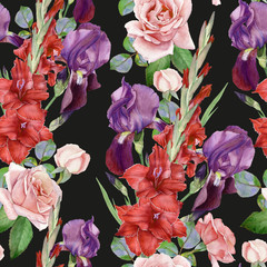 Floral seamless pattern with watercolor iris, gladiolus, roses. Background with bouquets of hand drawn watercolor flowers