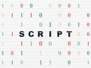 Database concept: Painted black text Script on White Brick wall background with Binary Code