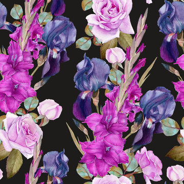 Floral seamless pattern with watercolor iris, gladiolus, roses. Background with bouquets of hand drawn watercolor flowers