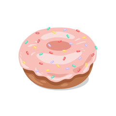 Donut with pink icing and colored sugar. Vector clipart