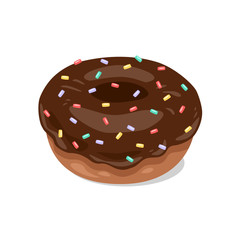 Donut with chocolate icing and colored sugar. Vector clipart
