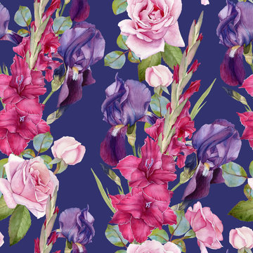 Floral seamless pattern with watercolor iris, gladiolus, roses. Background with bouquets of hand drawn watercolor flowers
