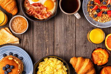 Delicious breakfast on a rustic table.