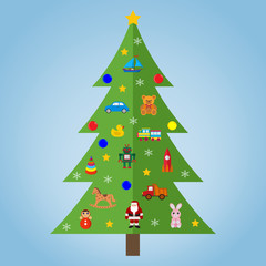 Christmas tree with toys on a blue background