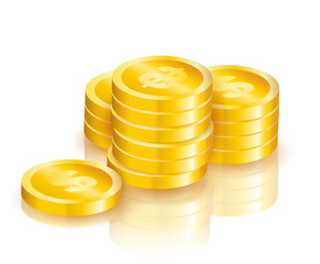 Pile of shiny golden coins with dollar sign with shadows and reflections isolated on white background - vector illustration