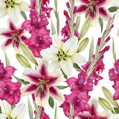Floral seamless pattern with hand drawn watercolor lilies and gladiolus flowers - 182881082