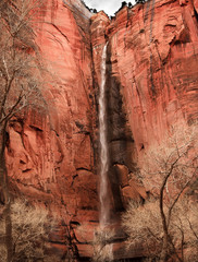 Temple of Sinawava Waterfall Red Rock Wall Zion Canyon National Park Utah