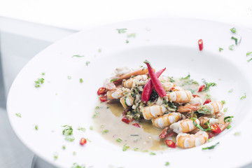 spicy garlic prawns modern fusion gourmet food cuisine meal