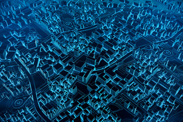 Abstract Futuristic Dark and line 3D Map of City, travel and tourism planning future technology concept. 3D illustration.