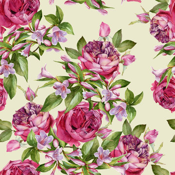 Floral seamless pattern with watercolor roses and pink weigela. Background with bouquets of hand drawn watercolor flowers