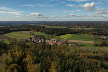 Aerial view of village in German countryside