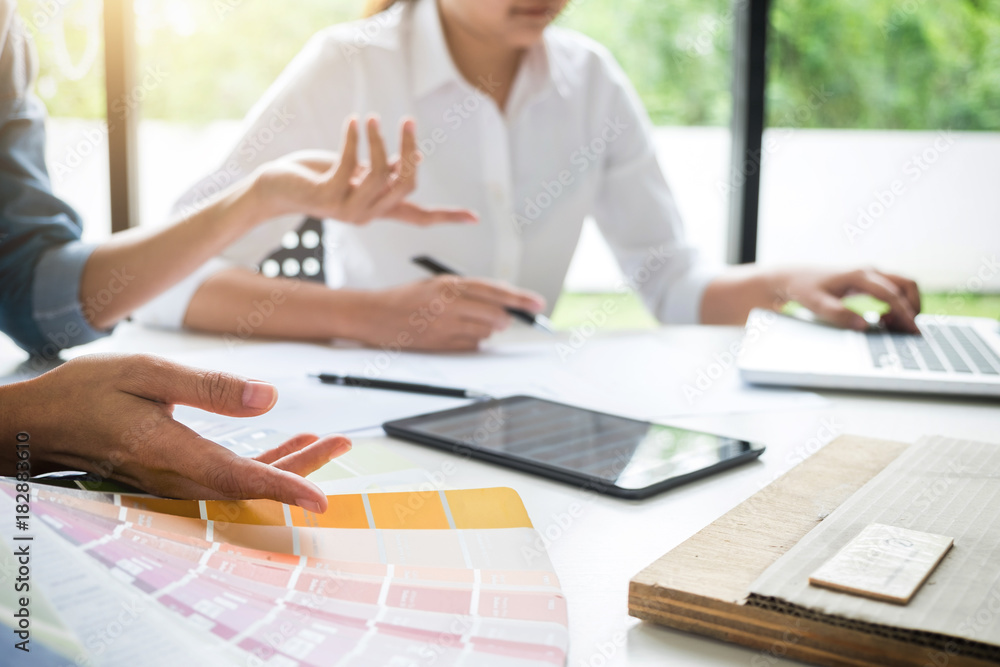 Poster two young women interior design or graphic designer working on project of architecture drawing with 
