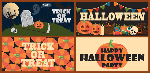 Trick or Treat Set of Posters Vector Illustration