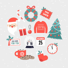Fototapeta na wymiar Christmas collection of icons. Seasonal holidays: Xmas and New Year. Set of stickers. Red, green and white colours. Flat editable vector illustration, clip art
