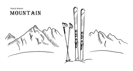 Obraz premium Ręcznie rysowane ilustracja wektorowa graficzny czarno-biały krajobraz góry i narty