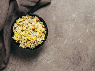 cauliflower rice with vegetables. copy space