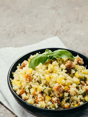 cauliflower rice with vegetables. copy space