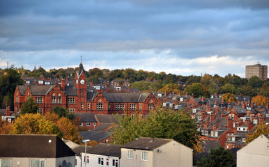 panoramic view of the woodhouse area of leeds showing streets housing estates and historic school building