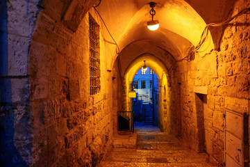 Mystical street at night in the old city of Jerusalem.