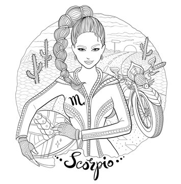 Scorpio zodiac sign young woman motorcyclist