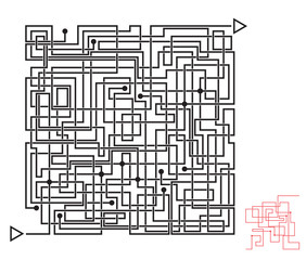 Intricate maze game, labyrinth with overlapping lines. Solution included.