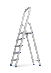 3d rendering of a single metal builder's step ladder with blue fittings isolated on white background.