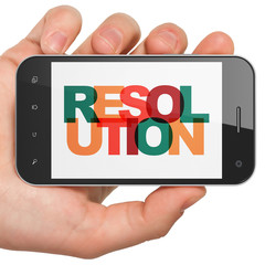 Law concept: Hand Holding Smartphone with Painted multicolor text Resolution on display, 3D rendering