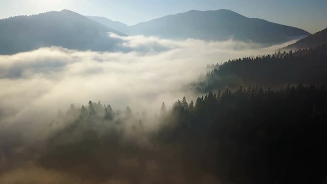 Aerial view of the mountains with a morning fog