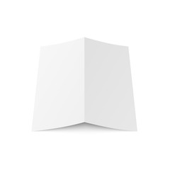 Vector blank white twofold booklet opened on white background. Back side. Two folded paper sheet in A4. Mock up of empty cover or flyer isolated. 3D illustration