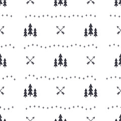 Hand drawn seamless pattern with Christmas tree, arrows design elements. Xmas wallpaper. Holiday vector background patter design isolated on white