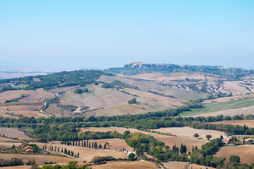 Beautiful autumn landscape of Val d'Orcia on the background Pienza Tuscany, Italy