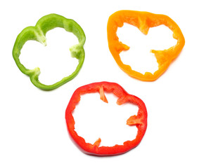 sliced sweet bell pepper isolated on white background. top view