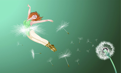 Girl flying with dandelions. Girl jumping. Coloring book, summer vector illustration