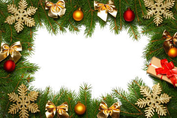 Christmas background. Top view with copy space. fir tree with cone isolated on white background