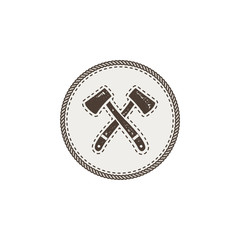 crossed axes icon. Monochrome camping design isolated on white background. Hiking vintage symbol. Retro hand drawn travel element