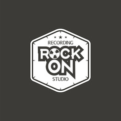 Rock on. Recording studio label, badge, emblem logo with musical instrument. Stock illustration isolated on dark background