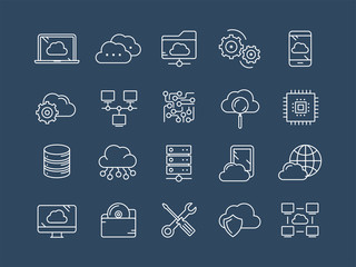 Cloud omputing. Internet technology. Online services. Data, information security. Connection. Thin line blue web icon set. Outline icons collection.Vector illustration.