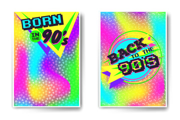 Vector poster templates back to the 90's and born in the nineties. Crazy vivid colors templates with holographic foil and geometric pattern on background. Made using vector mesh, easy to modify