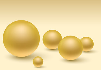 Set of golden pearls with reflection and shadow isolated on white pink background