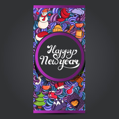 postcard with handwritten inscription happy new year with winter elements, vector illustration