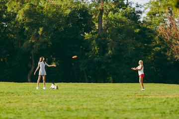 Mother and daughter throwing orange flying disk to small funny dog, which catching it on green...